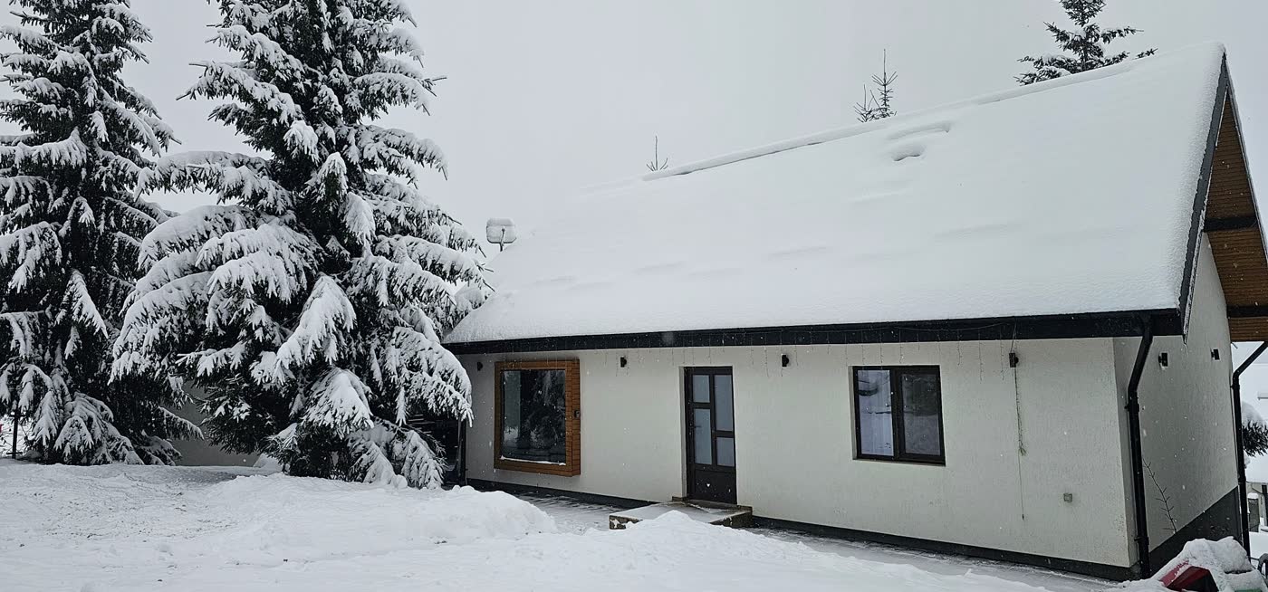 Casa Sebi sub zăpadă, lângă brazii din curte